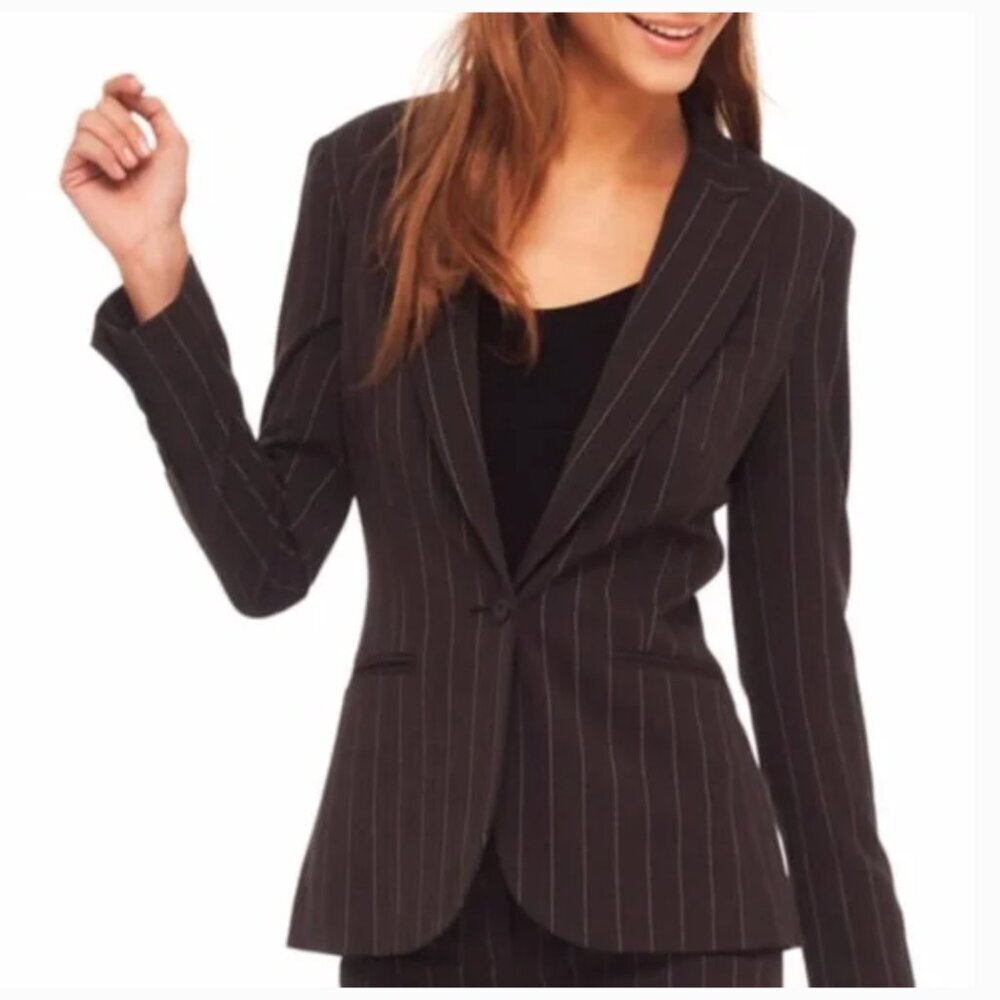 Norma Kamali Black White Pinstripe One Button Tailored Blazer Jacket Size 18 - Picture 6 of 6